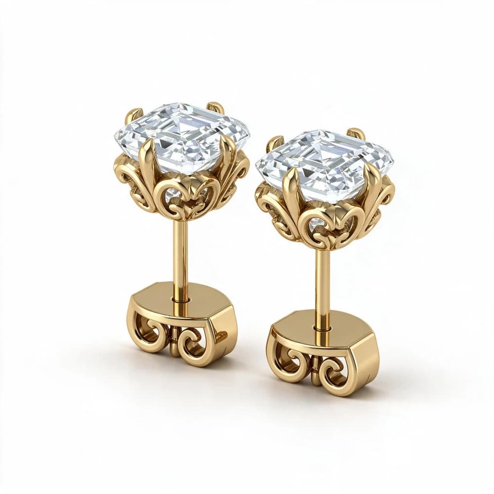 Asscher Cut Scroll Solitaire Studs - Image 5 Asscher Cut Scroll Solitaire Studs, view 5 of 5