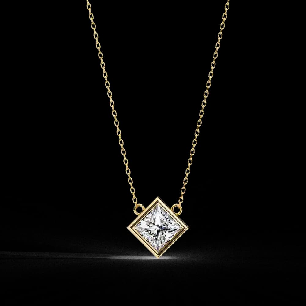 Bezel Set Princess Lab Grown Diamond Pendant with chain - Image 1 Bezel Set Princess Lab Grown Diamond Pendant with chain, view 1 of 16