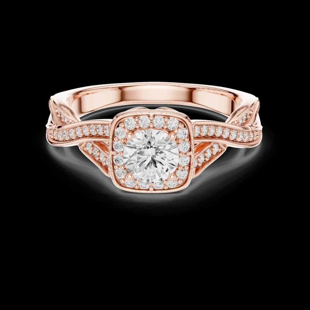 Round Cushion Halo Twisted Pavé Gold Ring - Image 1 Round Cushion Halo Twisted Pavé Gold Ring, view 1 of 6