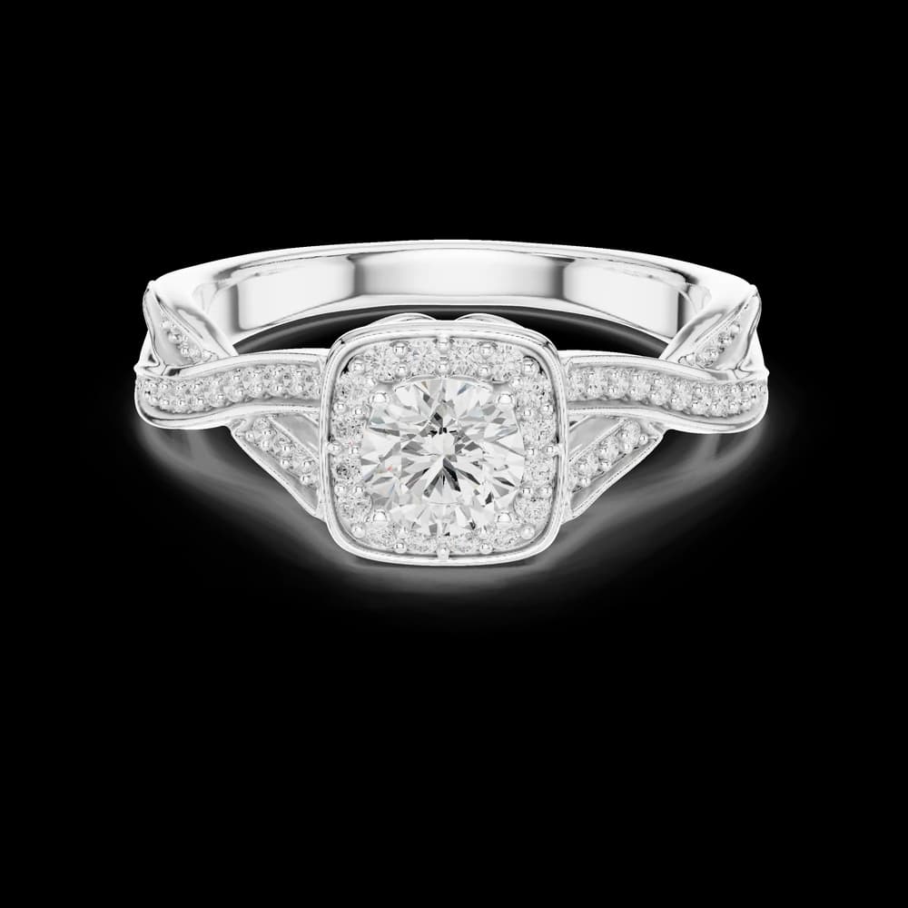 Round Cushion Halo Twisted Pavé Gold Ring - Image 2 Round Cushion Halo Twisted Pavé Gold Ring, view 2 of 6