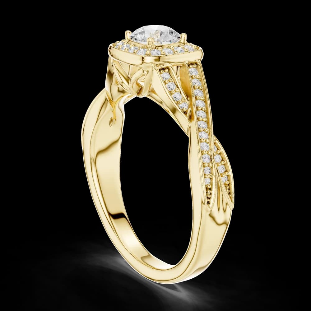 Round Cushion Halo Twisted Pavé Gold Ring - Image 4 Round Cushion Halo Twisted Pavé Gold Ring, view 4 of 6