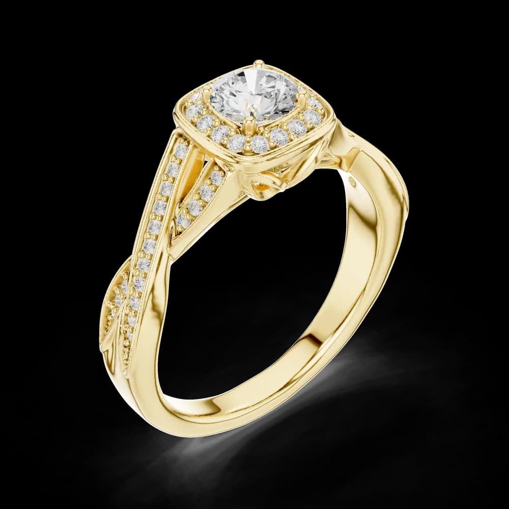Round Cushion Halo Twisted Pavé Gold Ring - Image 5 Round Cushion Halo Twisted Pavé Gold Ring, view 5 of 6