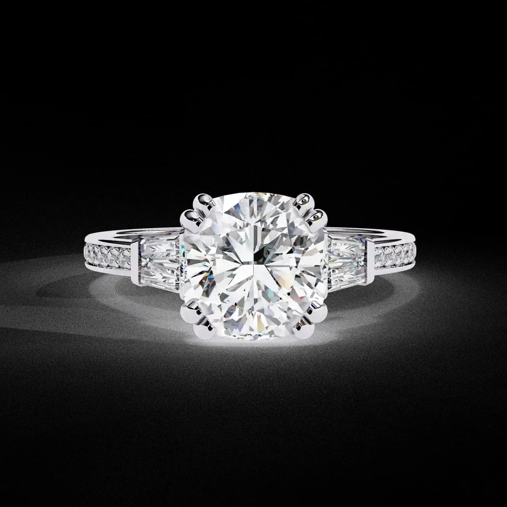 Cushion Cut Lab Grown Diamond Ring with Trapezoid Side Stones - Image 1 Cushion Cut Lab Grown Diamond Ring with Trapezoid Side Stones, view 1 of 12