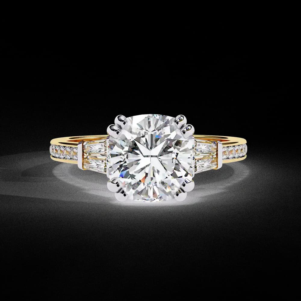 Cushion Cut Lab Grown Diamond Ring with Trapezoid Side Stones - Image 11 Cushion Cut Lab Grown Diamond Ring with Trapezoid Side Stones, view 11 of 12