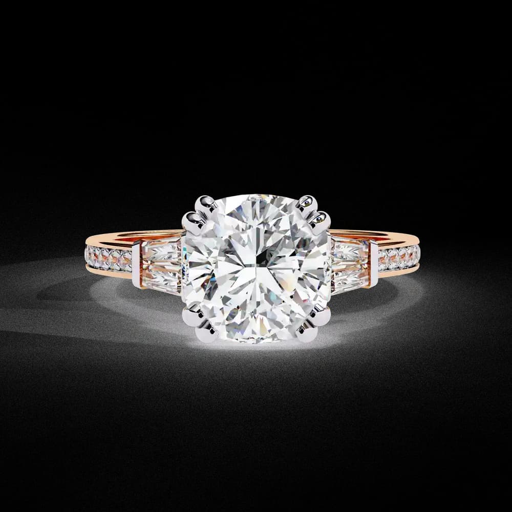 Cushion Cut Lab Grown Diamond Ring with Trapezoid Side Stones - Image 2 Cushion Cut Lab Grown Diamond Ring with Trapezoid Side Stones, view 2 of 12