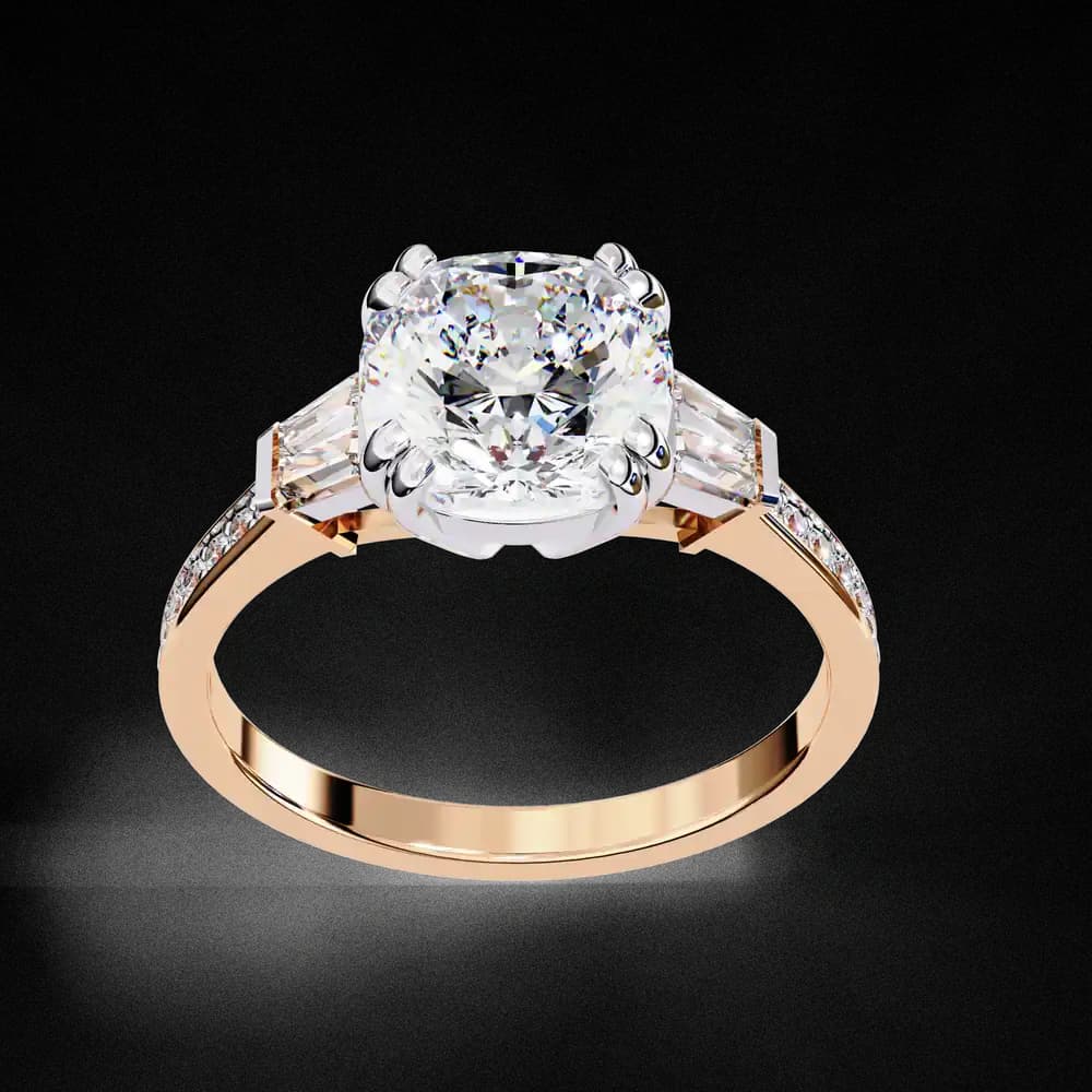 Cushion Cut Lab Grown Diamond Ring with Trapezoid Side Stones - Image 3 Cushion Cut Lab Grown Diamond Ring with Trapezoid Side Stones, view 3 of 12