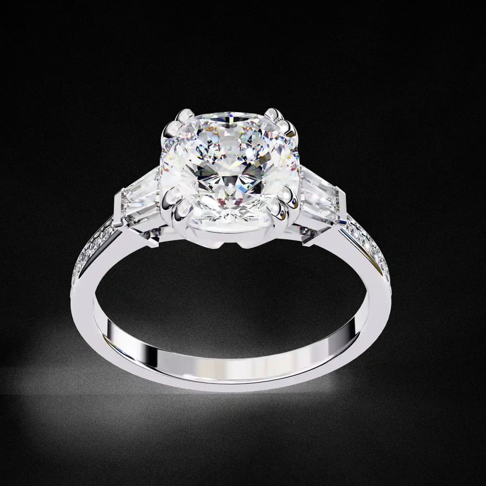 Cushion Cut Lab Grown Diamond Ring with Trapezoid Side Stones - Image 7 Cushion Cut Lab Grown Diamond Ring with Trapezoid Side Stones, view 7 of 12