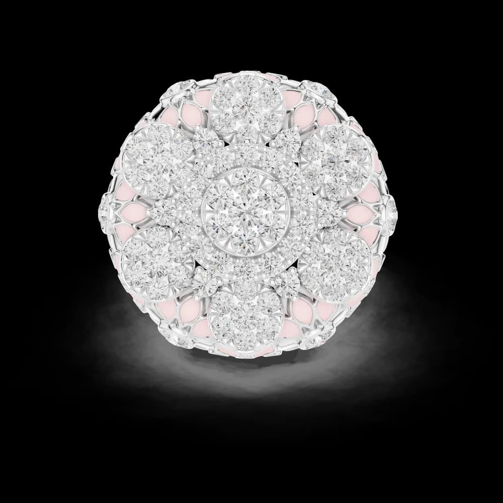 Domed Pink Enamel Floral Lab Grown Diamond Ring - Image 1 Domed Pink Enamel Floral Lab Grown Diamond Ring, view 1 of 5