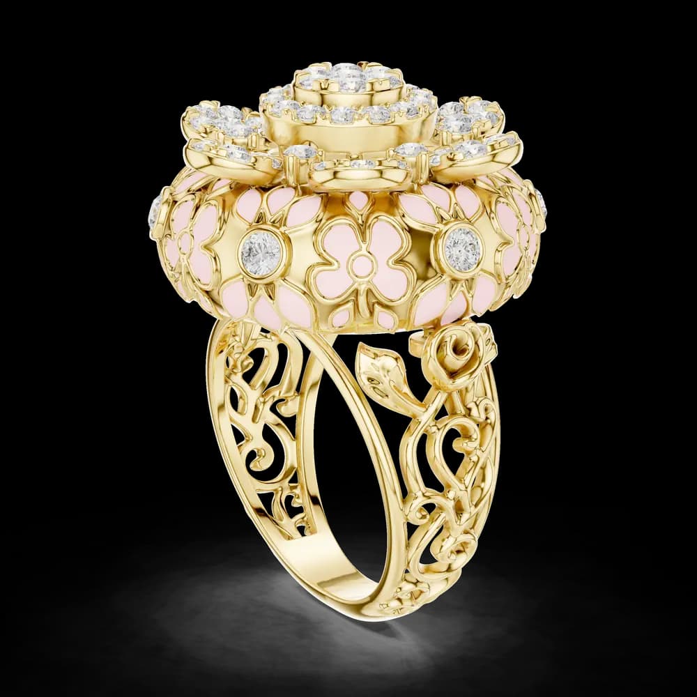 Domed Pink Enamel Floral Lab Grown Diamond Ring - Image 3 Domed Pink Enamel Floral Lab Grown Diamond Ring, view 3 of 5