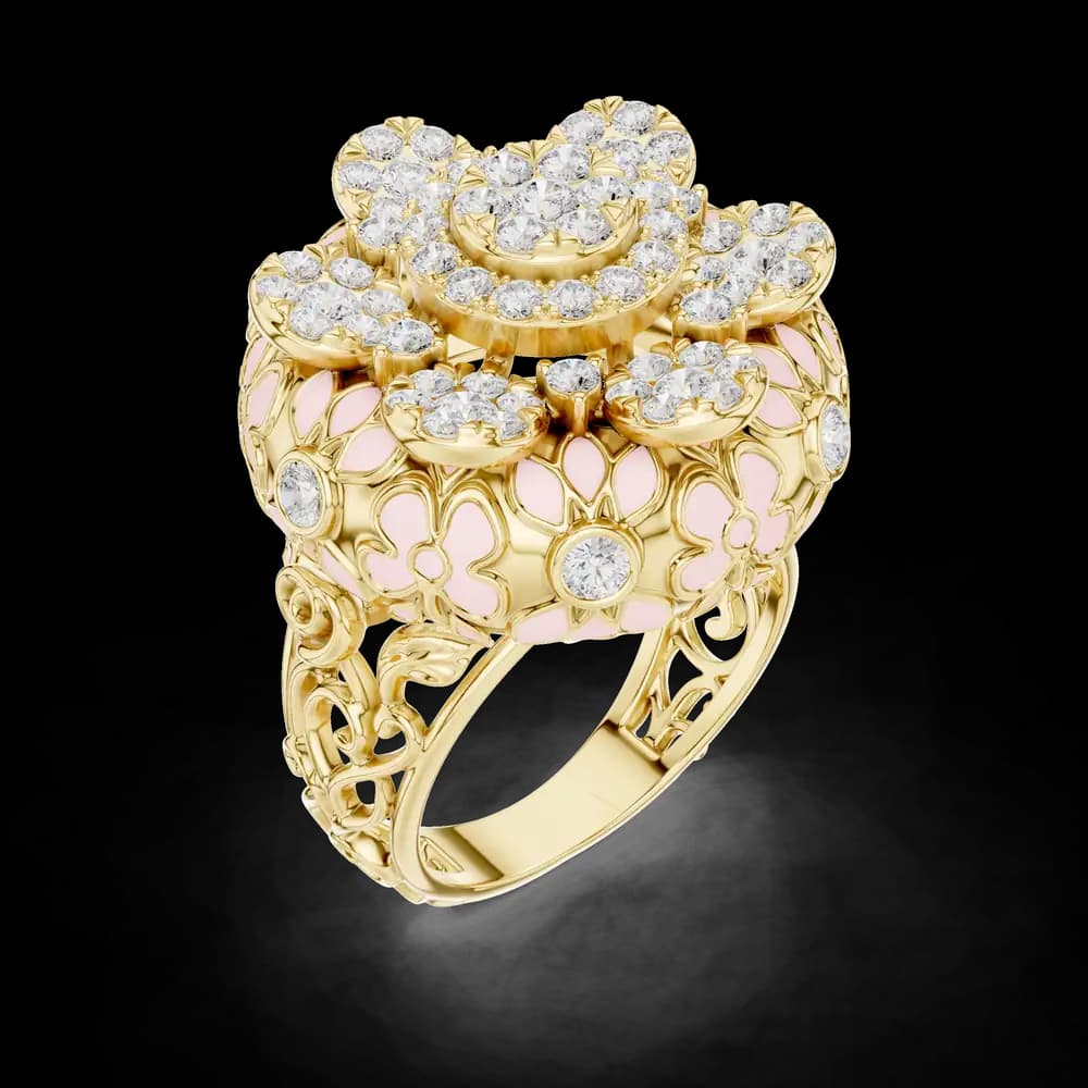 Domed Pink Enamel Floral Lab Grown Diamond Ring - Image 4 Domed Pink Enamel Floral Lab Grown Diamond Ring, view 4 of 5