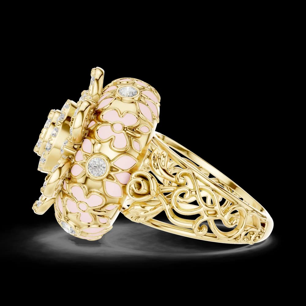 Domed Pink Enamel Floral Lab Grown Diamond Ring - Image 5 Domed Pink Enamel Floral Lab Grown Diamond Ring, view 5 of 5
