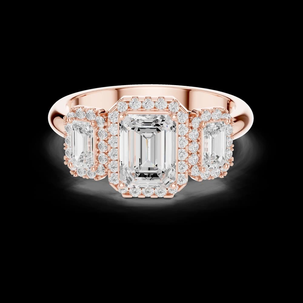 Triple Emerald Cut Halo Lab Grown Ring - Image 1 Triple Emerald Cut Halo Lab Grown Ring, view 1 of 6