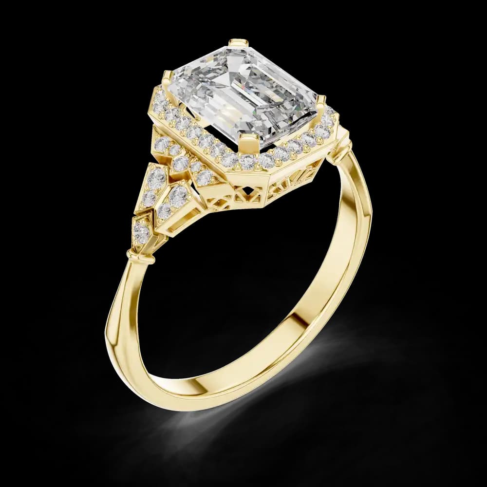 Art Deco Emerald Halo Lab Grown Ring - Image 5 Art Deco Emerald Halo Lab Grown Ring, view 5 of 6