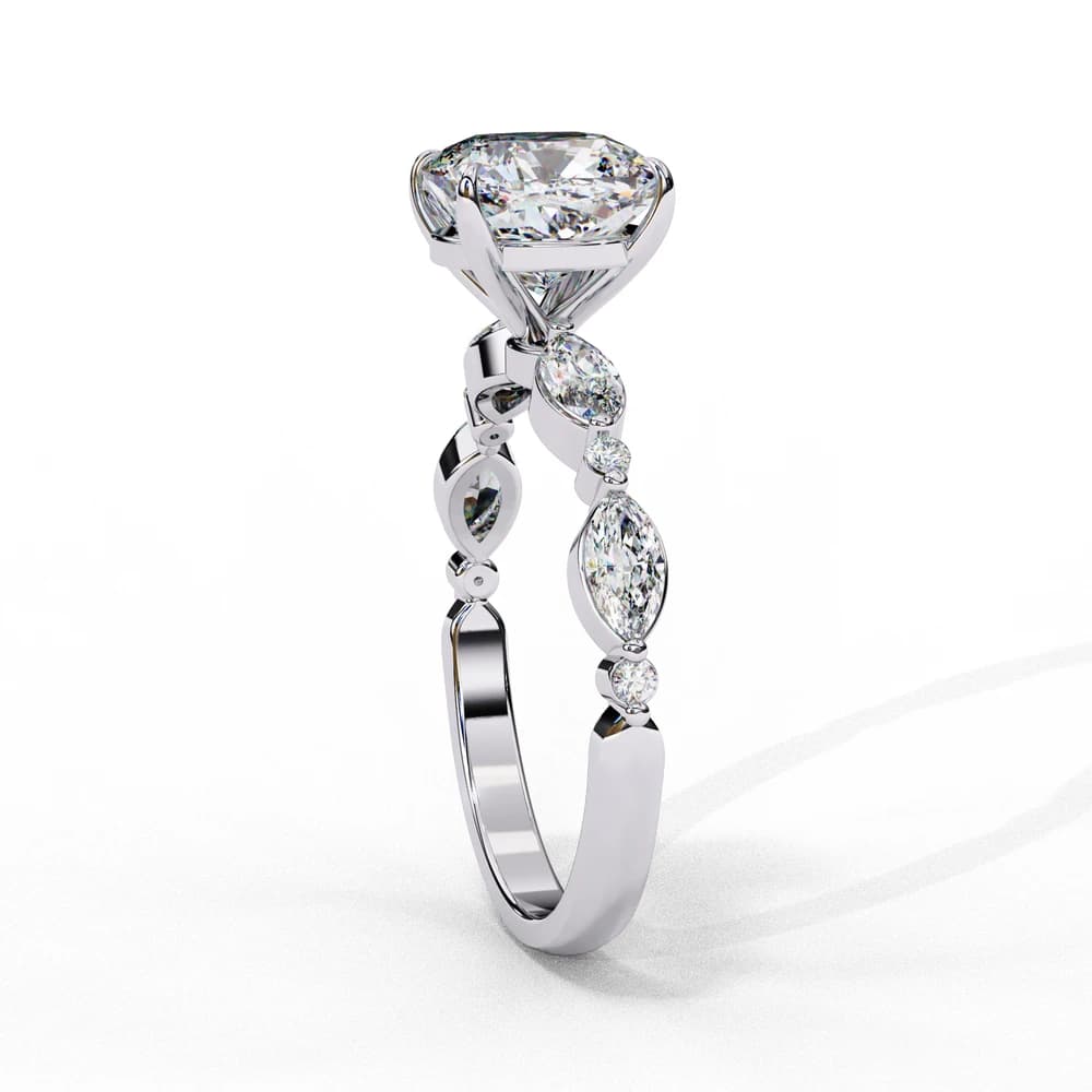 Cushion Diamond With Marquise Side Stone Lab Grown Diamond Ring - Image 2 Cushion Diamond With Marquise Side Stone Lab Grown Diamond Ring, view 2 of 4