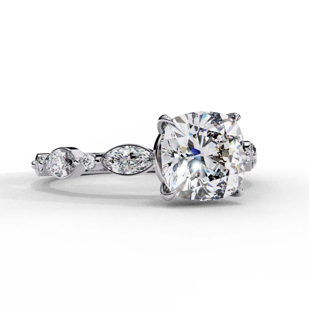 Cushion Diamond With Marquise Side Stone Lab Grown Diamond Ring - Image 3 Cushion Diamond With Marquise Side Stone Lab Grown Diamond Ring, view 3 of 4