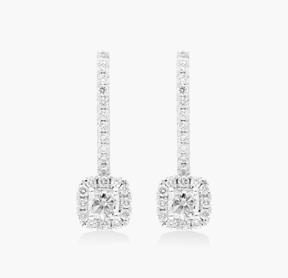 Halo Cushion Cut Lab Grown Diamond Drop Earrings - Image 1 Halo Cushion Cut Lab Grown Diamond Drop Earrings, view 1 of 3