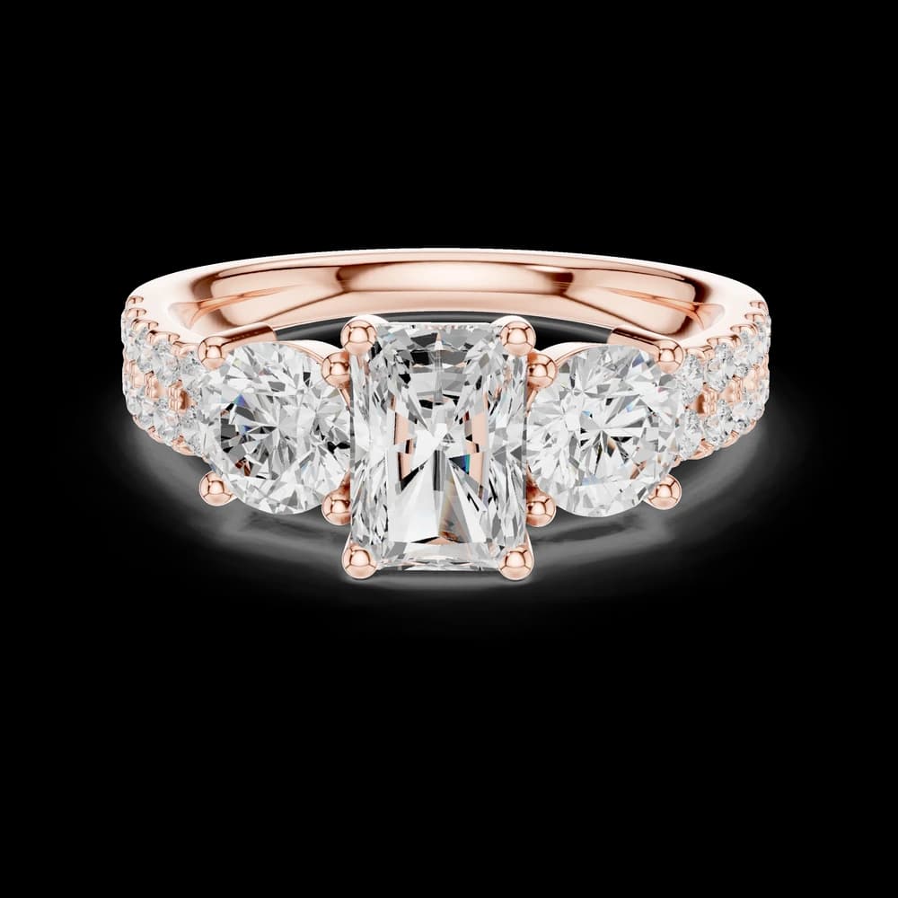 Radiant Cut Three Stone Double Pave Diamond Ring - Image 1 Radiant Cut Three Stone Double Pave Diamond Ring, view 1 of 6