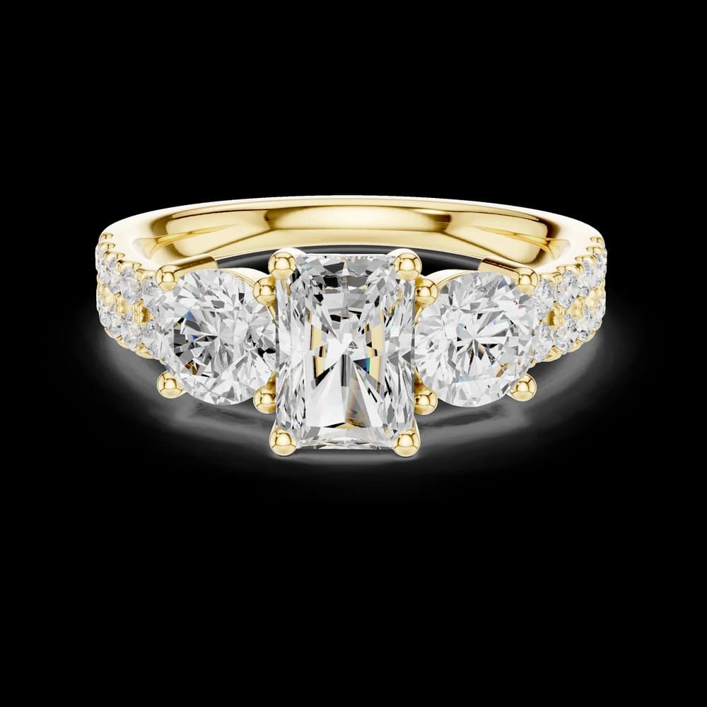 Radiant Cut Three Stone Double Pave Diamond Ring - Image 3 Radiant Cut Three Stone Double Pave Diamond Ring, view 3 of 6