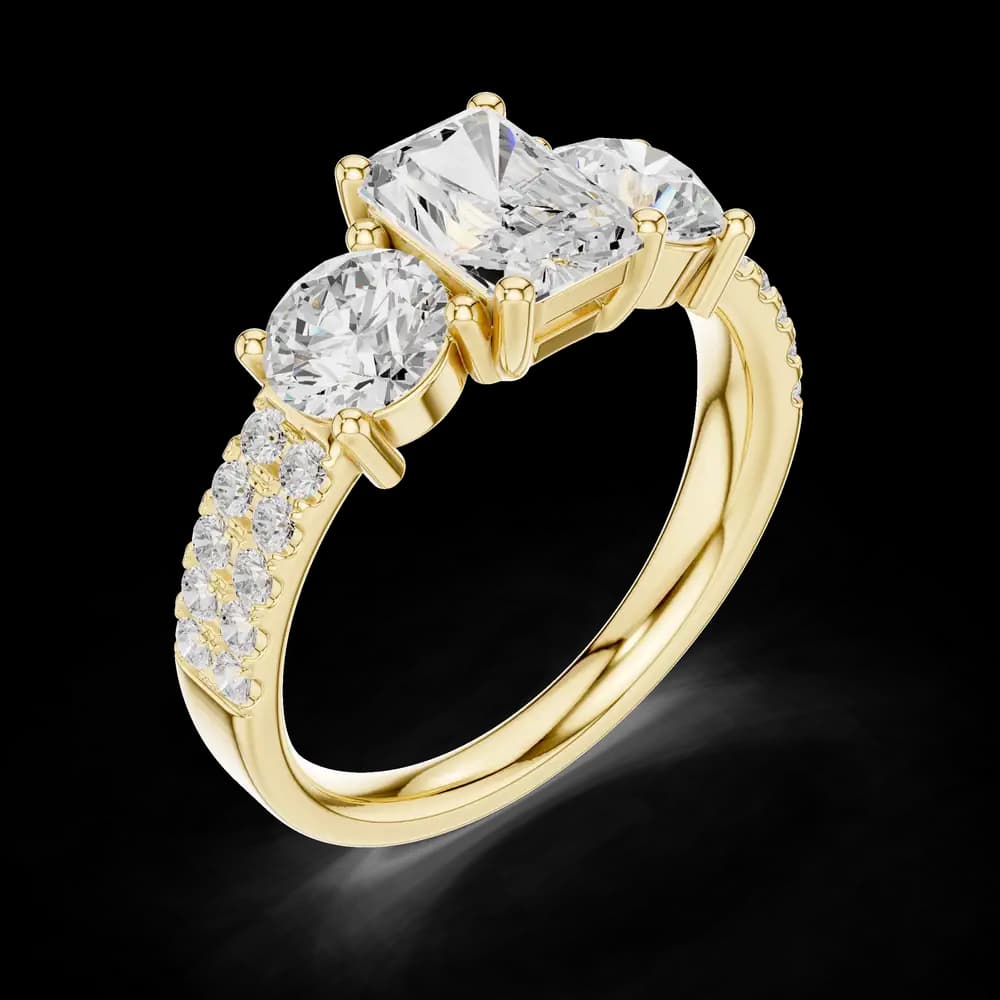 Radiant Cut Three Stone Double Pave Diamond Ring - Image 5 Radiant Cut Three Stone Double Pave Diamond Ring, view 5 of 6
