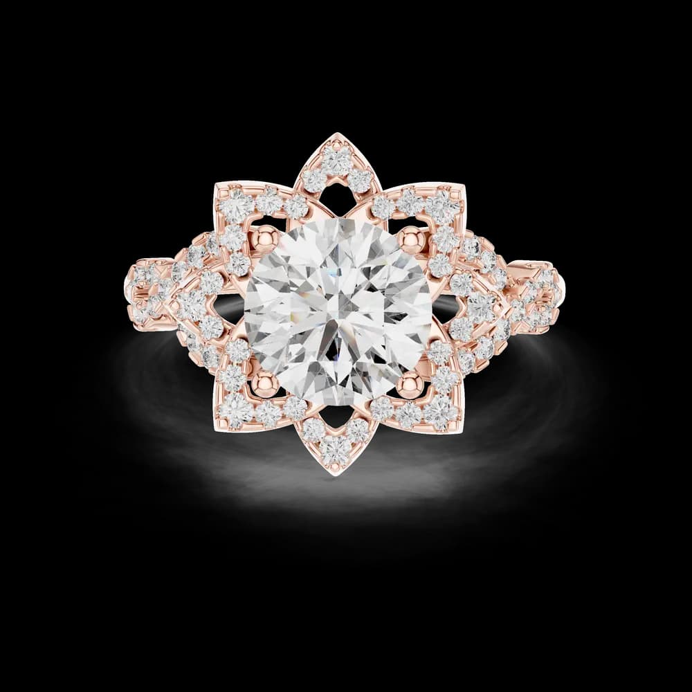 Geometric Starburst Halo with Twisted Band Round Cut Lab Grown Diamond Ring - Image 1 Geometric Starburst Halo with Twisted Band Round Cut Lab Grown Diamond Ring, view 1 of 5
