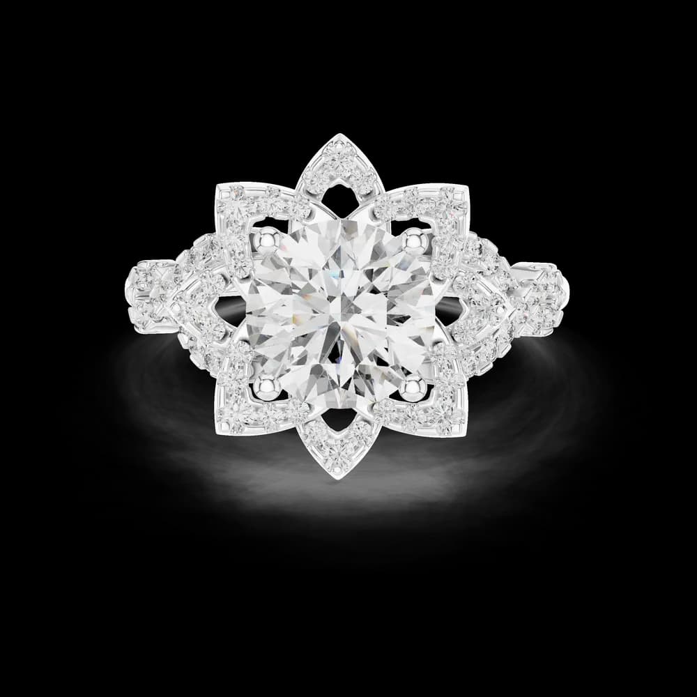 Geometric Starburst Halo with Twisted Band Round Cut Lab Grown Diamond Ring - Image 2 Geometric Starburst Halo with Twisted Band Round Cut Lab Grown Diamond Ring, view 2 of 5