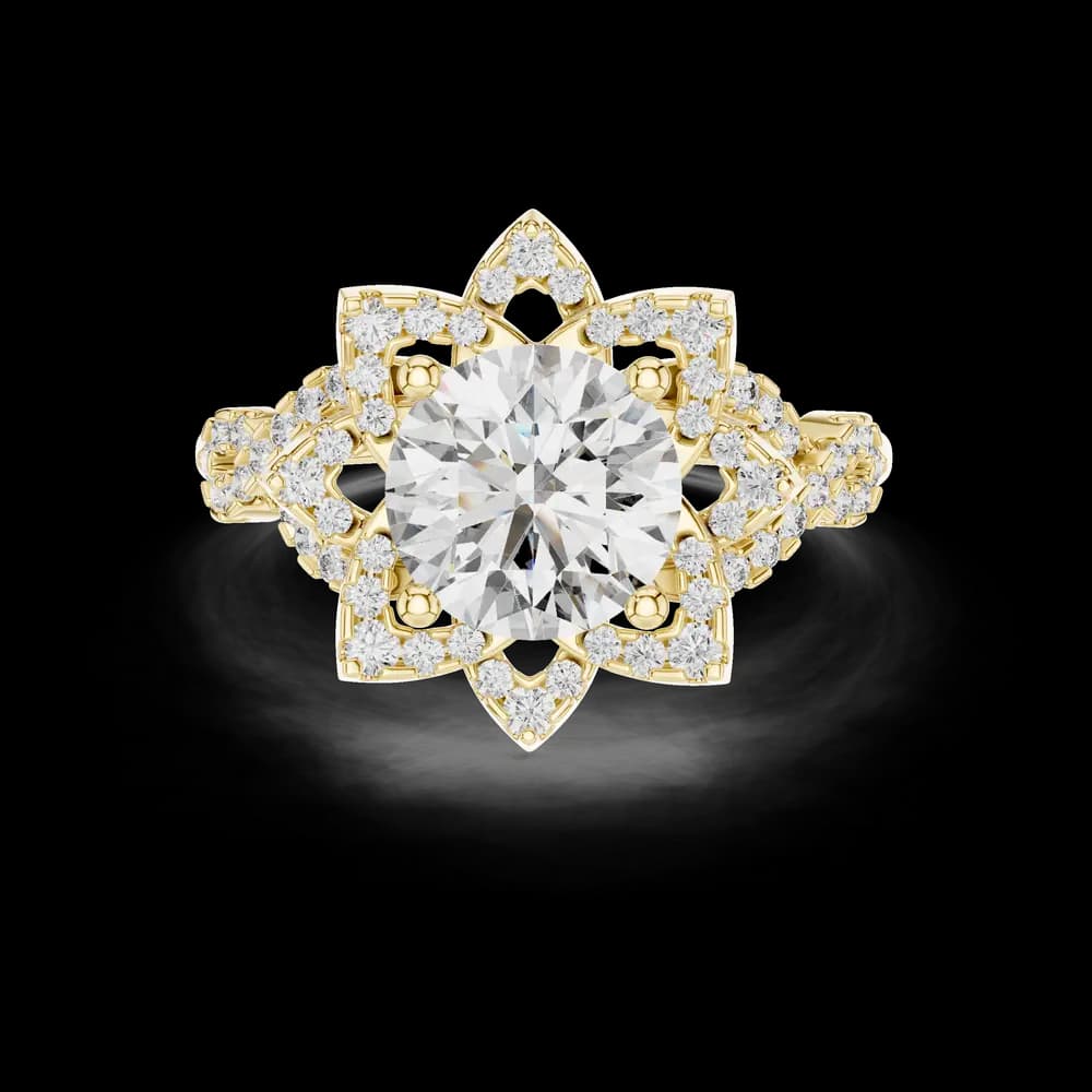 Geometric Starburst Halo with Twisted Band Round Cut Lab Grown Diamond Ring - Image 3 Geometric Starburst Halo with Twisted Band Round Cut Lab Grown Diamond Ring, view 3 of 5