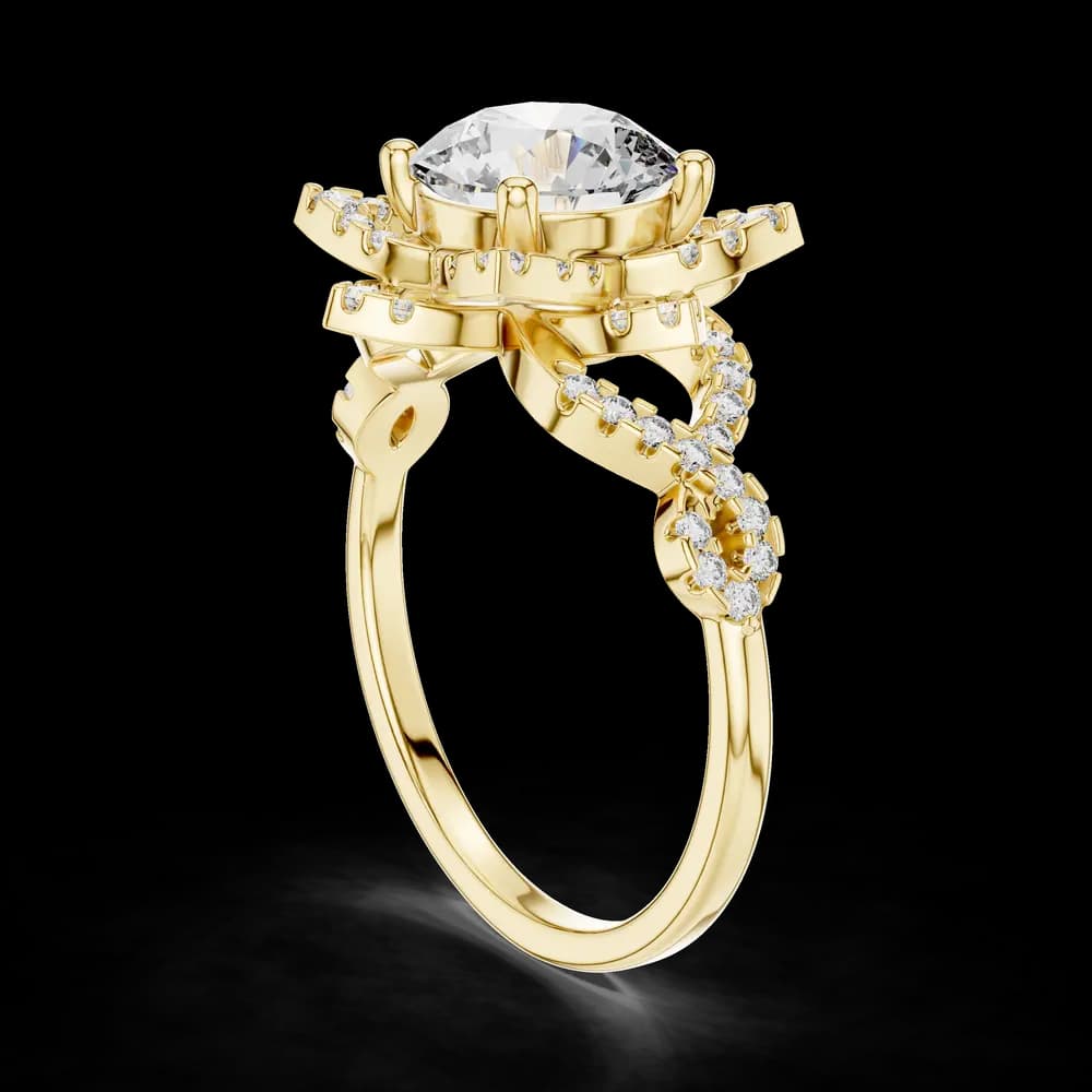 Geometric Starburst Halo with Twisted Band Round Cut Lab Grown Diamond Ring - Image 4 Geometric Starburst Halo with Twisted Band Round Cut Lab Grown Diamond Ring, view 4 of 5