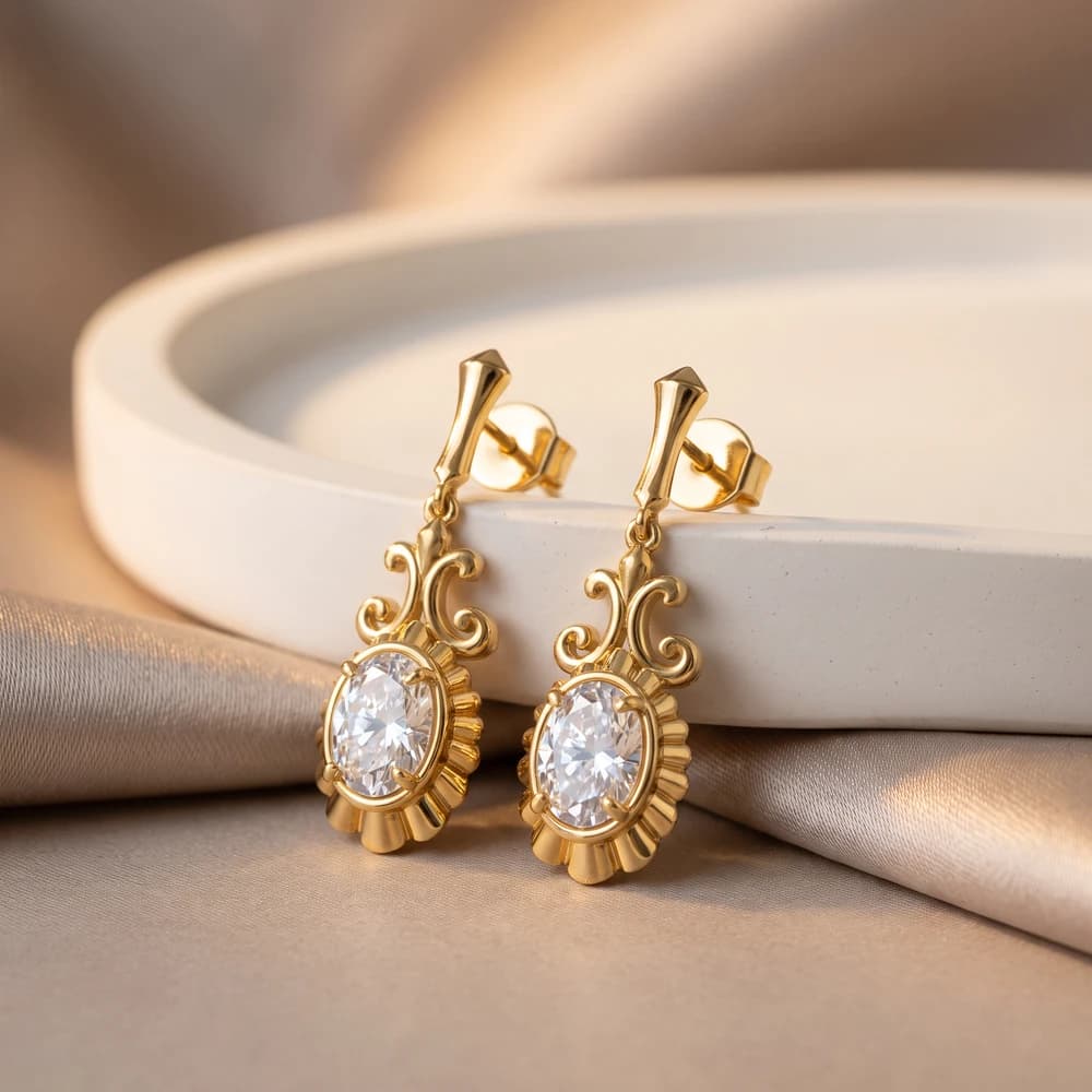 Oval Scalloped Edge Filigree Diamond Earring - Image 3 Oval Scalloped Edge Filigree Diamond Earring, view 3 of 6