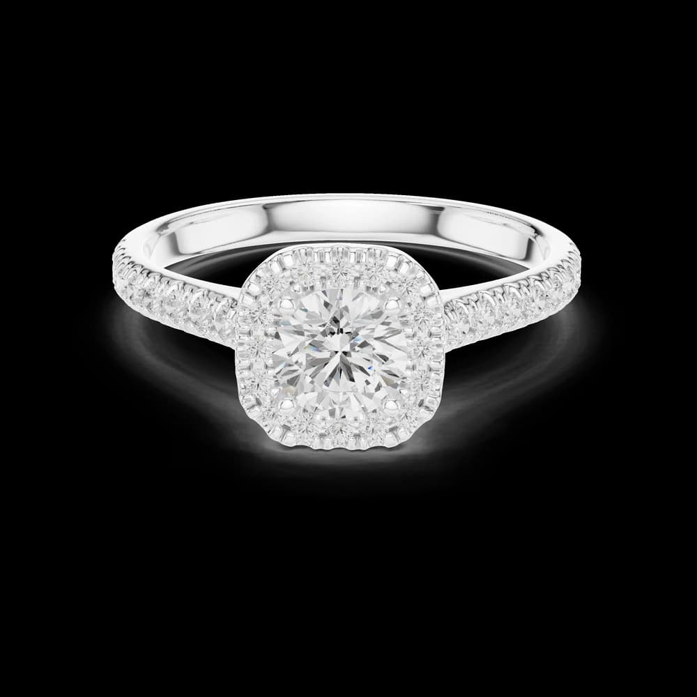 Pavé Square Halo Round Solitaire Lab Grown Ring - Image 2 Pavé Square Halo Round Solitaire Lab Grown Ring, view 2 of 6