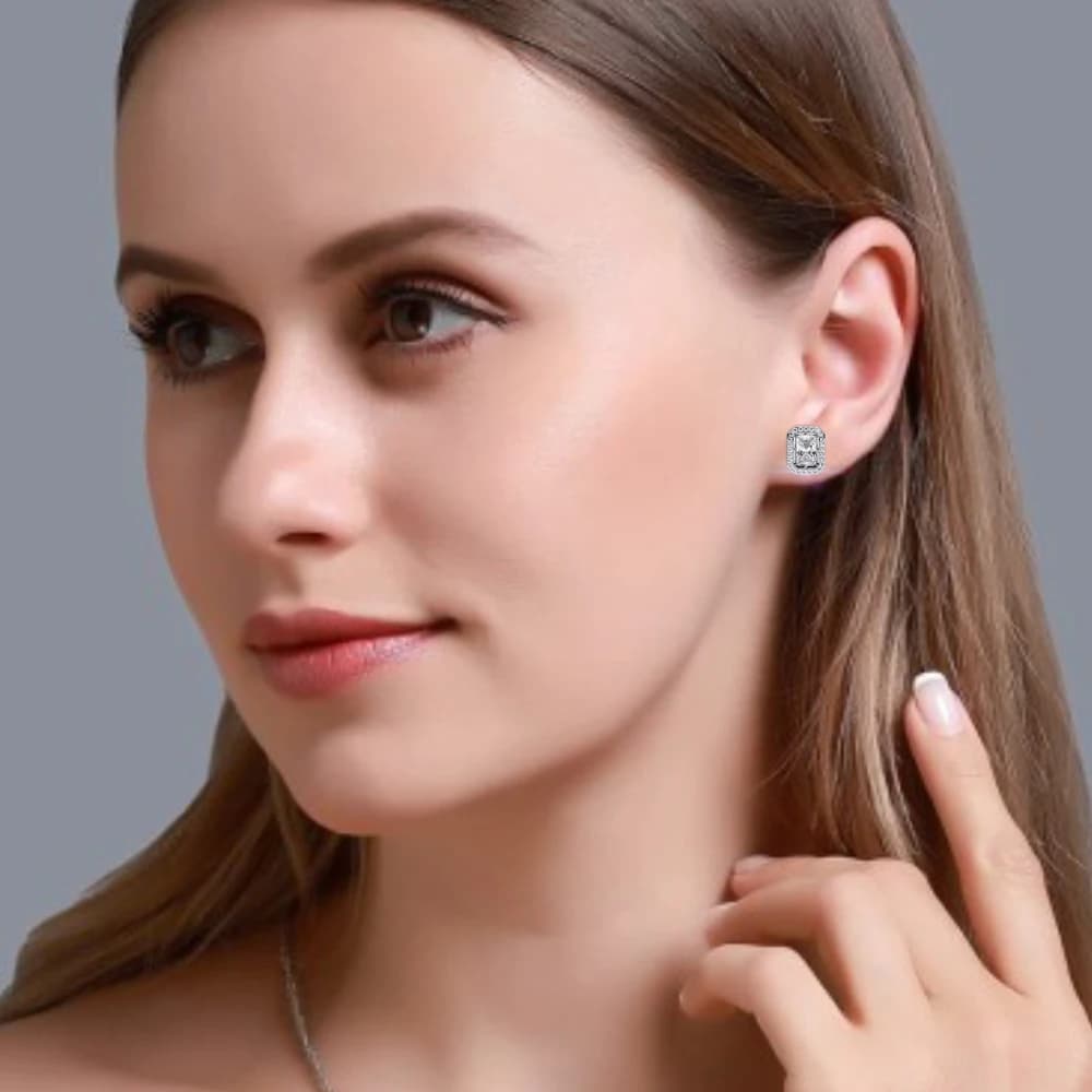 Radiant Cut Halo Lab Grown Diamond Stud Earrings - Image 10 Radiant Cut Halo Lab Grown Diamond Stud Earrings, view 10 of 23