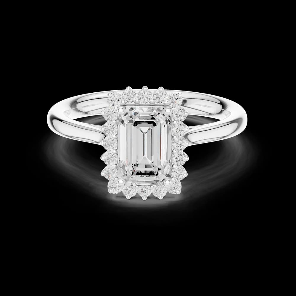 Emerald Cut Solitaire with Diamond Halo Ring - Image 2 Emerald Cut Solitaire with Diamond Halo Ring, view 2 of 6