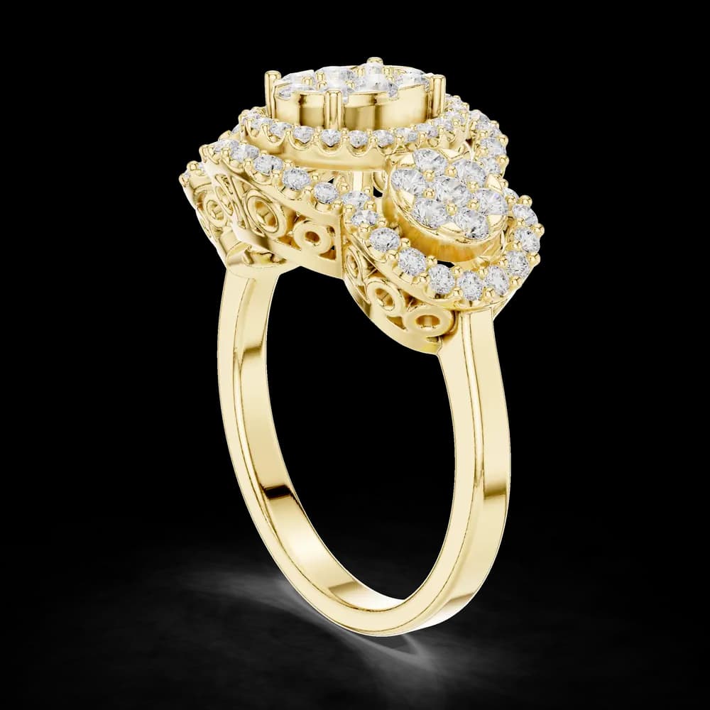 Three-Stone Floral Cluster Halo Diamond Ring - Image 4 Three-Stone Floral Cluster Halo Diamond Ring, view 4 of 6