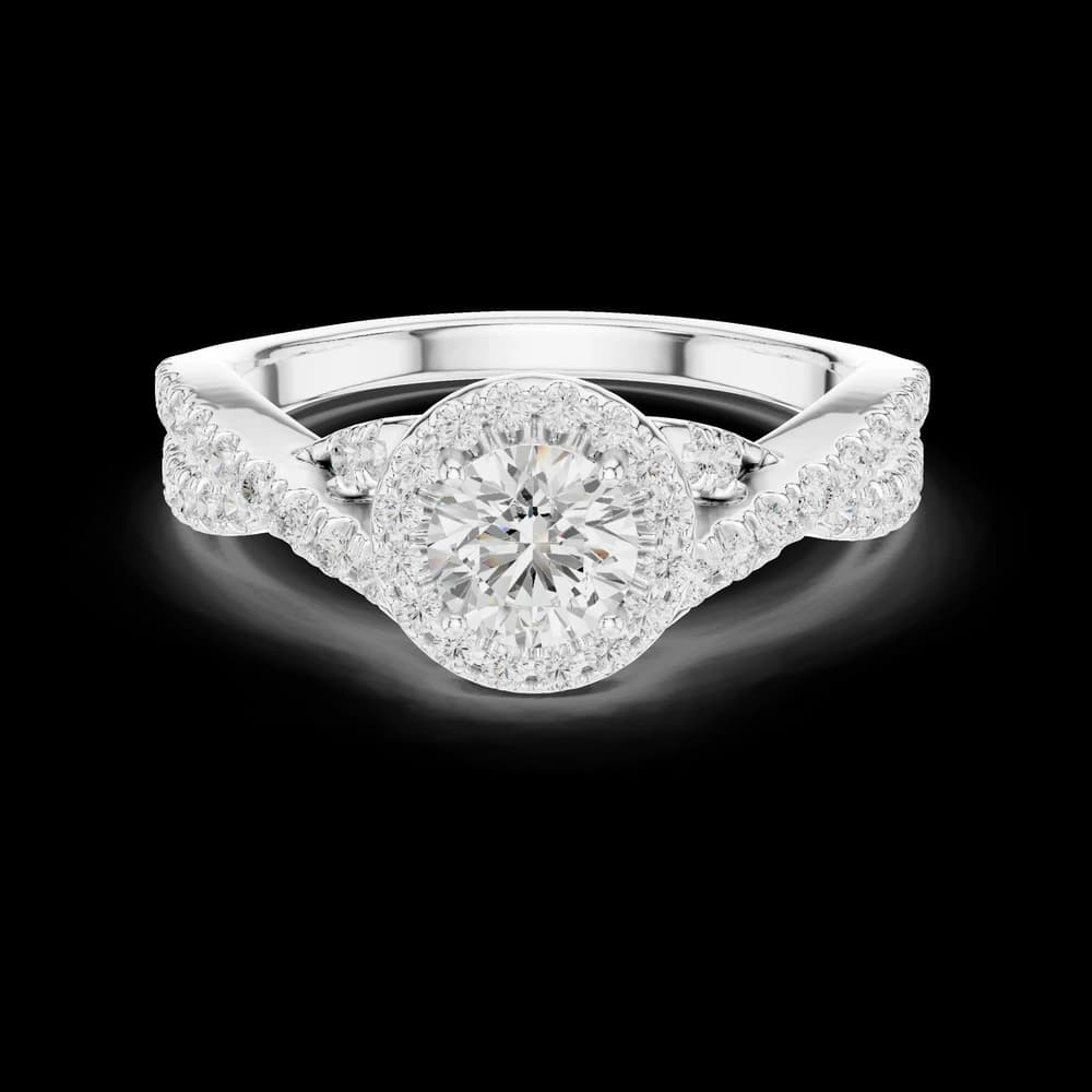 Round Halo Pavé Twisted Band Lab Grown Diamond Ring - Image 2 Round Halo Pavé Twisted Band Lab Grown Diamond Ring, view 2 of 6
