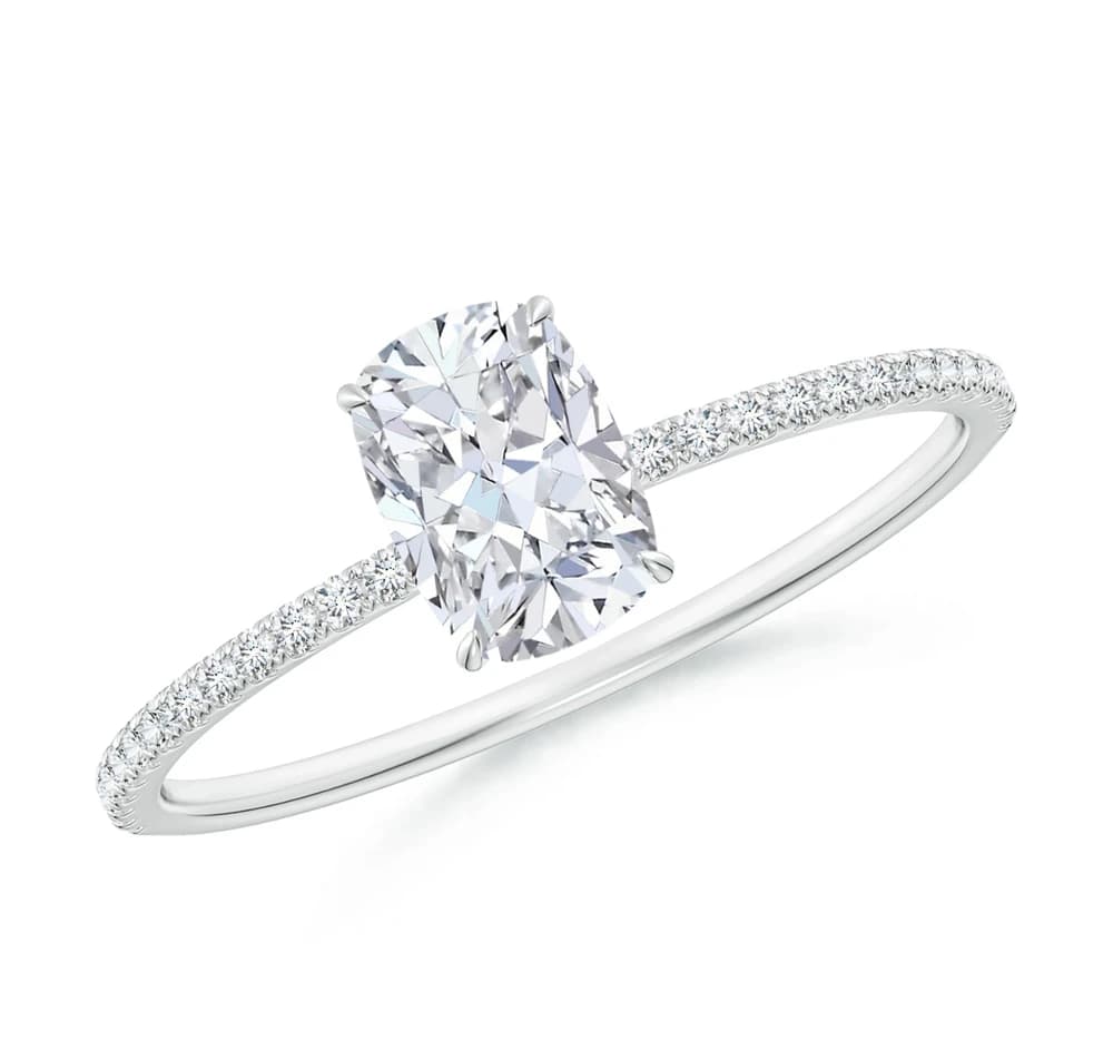 Thin Shank Cushion Lab Grown Diamond Hidden Halo Ring - Image 2 Thin Shank Cushion Lab Grown Diamond Hidden Halo Ring, view 2 of 4