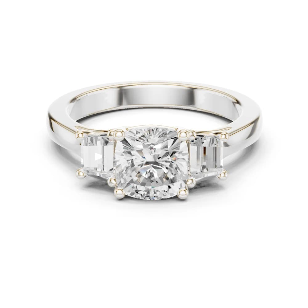 Cushion & Emerald Three Stone Diamond Ring - Image 2 Cushion & Emerald Three Stone Diamond Ring , view 2 of 9