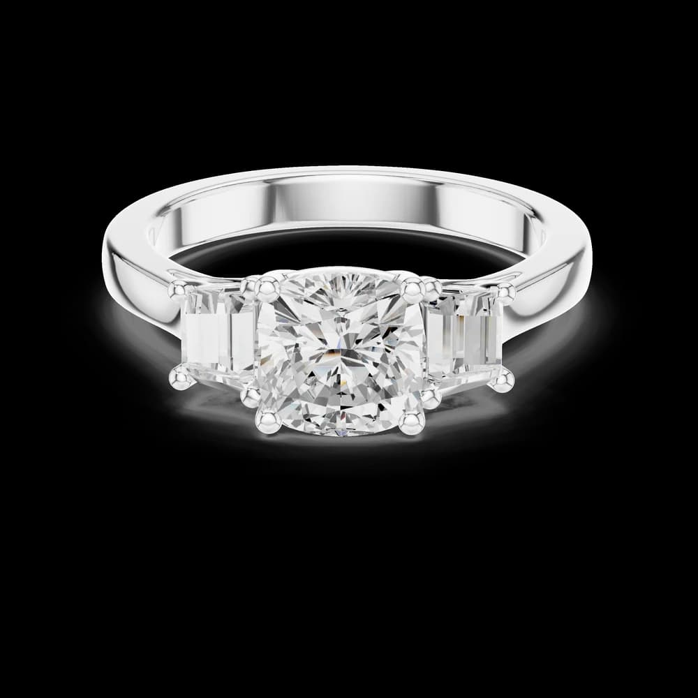 Cushion & Emerald Three Stone Diamond Ring - Image 5 Cushion & Emerald Three Stone Diamond Ring , view 5 of 9