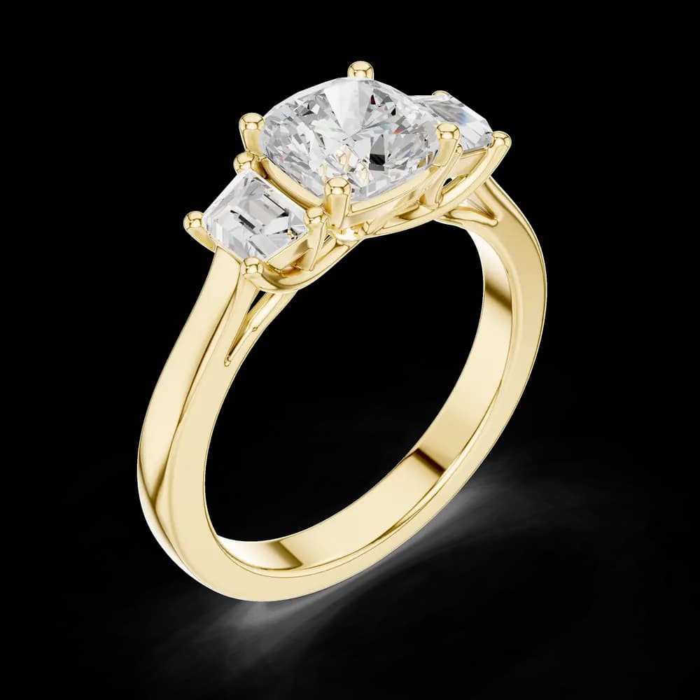 Cushion & Emerald Three Stone Diamond Ring - Image 8 Cushion & Emerald Three Stone Diamond Ring , view 8 of 9
